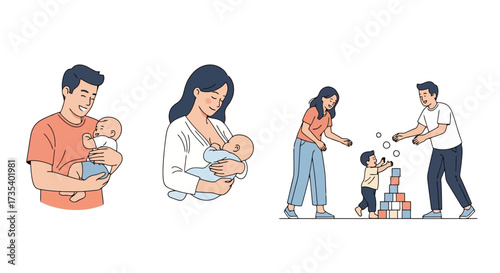 Diverse Family Scenarios Featuring Caregivers and Children in Various Stages of Development and Activities, Suitable for Educational Materials