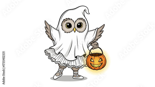 Halloween Owl in Costume: An enchanting illustration of an owl dressed in a ghostly costume, holding a carved pumpkin lantern against a luminous background.