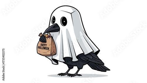 Spooky Raven's Treat: An endearing raven, costumed as a ghost, clutches a Happy Halloween treat bag in a vibrant display, inviting the spirit of playful celebration and spooky fun.