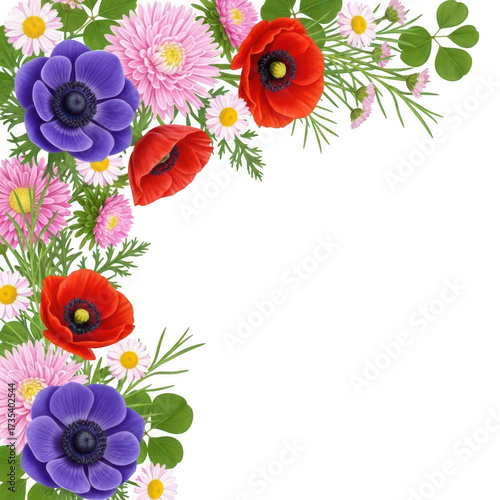 Vibrant floral arrangement corner with poppies asters daisies and anemones