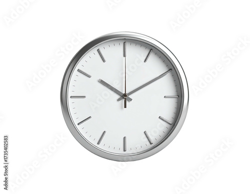 A round silver-framed clock with a white face, set against a black background