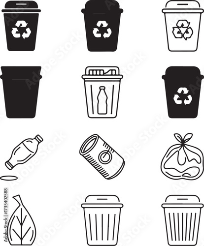 Set of Nine Eco Trash Sorting Line Art Icons with Transparent Background recycling eco friendly