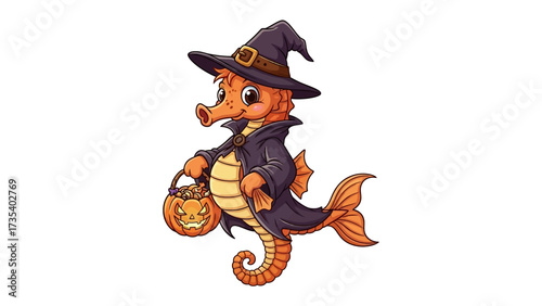 Spooky Sea Horse: a whimsical illustration of a sea horse dressed in a witch's hat and cloak, playfully carrying a pumpkin-shaped treat basket, embodying the festive spirit of Halloween