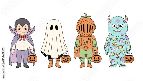 Enchanting Halloween Parade: A collection of friendly, cartoonish Halloween characters ready for trick-or-treating. It evokes a sense of playful fun and spooky charm, perfect for festive projects.