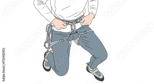 Illustration depicting a person securing a climbing harness, preparing for an ascent on a rocky terrain with specialized gear worn with care and