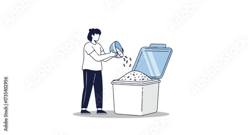 Person pouring grains into container symbolizes food security, waste reduction and mindful consumption, advocating for responsible grocery shopping