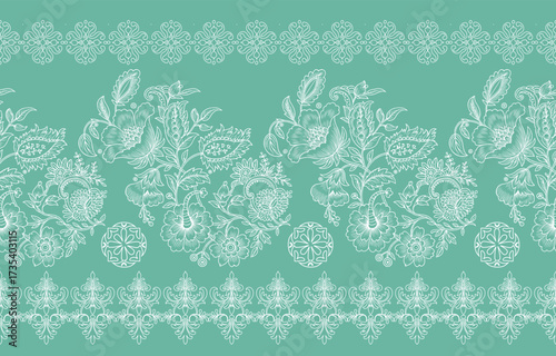 floral pattern vintage ethnic modern embroidery texture boho design vector illustration hand drawn pink flower motif branches leaves wallpaper seamless background border.