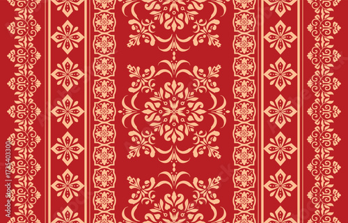 floral pattern vintage ethnic modern embroidery texture boho design vector illustration hand drawn pink flower motif branches leaves wallpaper seamless background border.