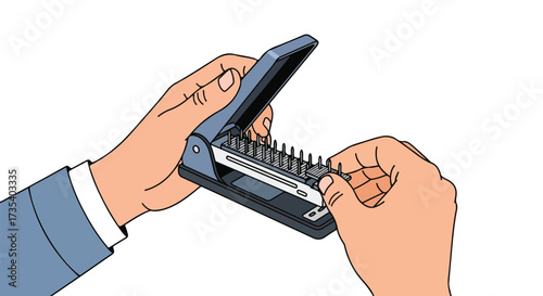 Hands refilling a grey stapler with a row of silver staples on a clear white background, preparing for office work and document fastening