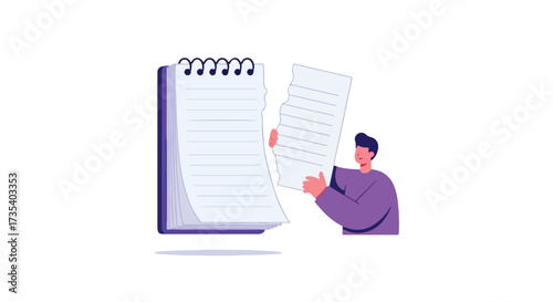 Frustrated author tears page out of notepad, showcasing a writer's block or content rejection, symbolizing creative struggles, and revision