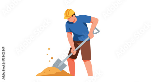 Construction worker digging with a shovel, wearing hard hat, doing earthwork illustration, flat design, conceptual of building construction activities