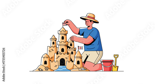 Joyful beach vacation scene depicting a man constructing elaborate sandcastle with bucket and shovel beside the creation adding little flags