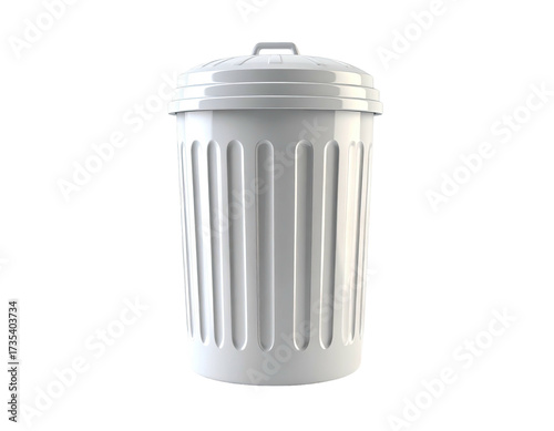 An isolated, cylindrical, white waste container with a lid on a solid black backdrop