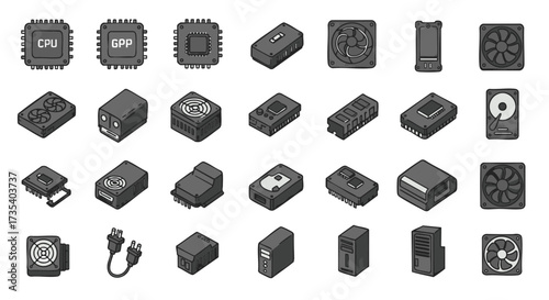 Collection of various computer hardware components illustrated in grayscale