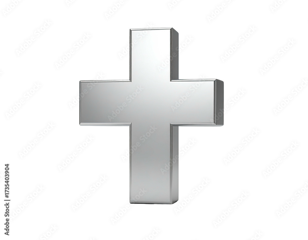 Fototapeta premium A silver, 3D cross against a stark black background, appearing to float
