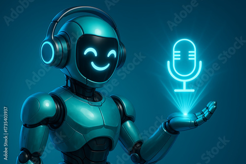 Friendly robot with headset holding a glowing microphone hologram symbolizing voice activation audio recording and digital communication services