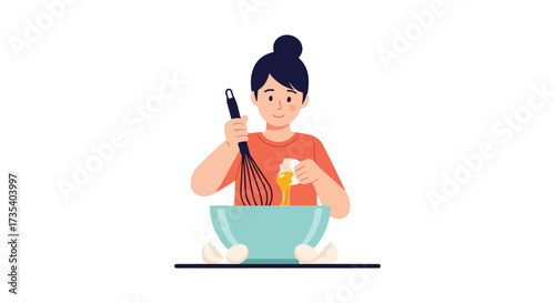 Woman in the kitchen preparing food while mixing ingredients in a bowl using a whisk, showcasing culinary hobby and kitchen activity