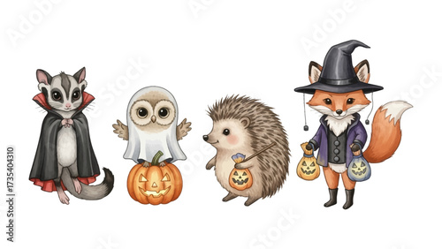 Whimsical Halloween Crew: A charming quartet of anthropomorphic woodland creatures - a sugar glider in a vampire cloak, an owl ghost atop a jack-o'-lantern, a hedgehog with a treat bag.