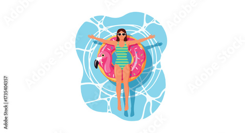 Woman enjoying a relaxed summer day floating on a flamingo donut inflatable in the pool, with a light blue water background and sunshades