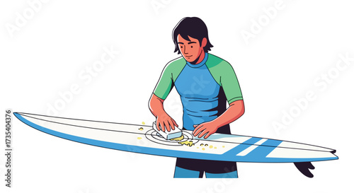 Surfer diligently waxing surfboard on a bright day, preparing equipment for an exhilarating surfing session on the ocean's waves during the summer