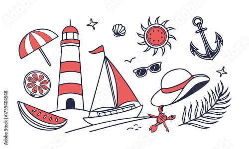 Coastal Summer Icons Set Crab, Lifebuoy, Mediterranean summer vacation illustration set, seafood, lobster, shrimp, olive, shell, cocktail. Coastal collection for card, prints, easily editable.