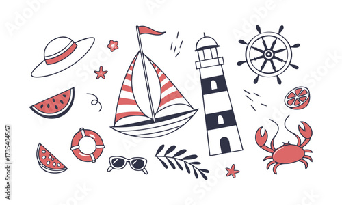 Coastal Summer Icons Set Crab, Lifebuoy, Mediterranean summer vacation illustration set, seafood, lobster, shrimp, olive, shell, cocktail. Coastal collection for card, prints, easily editable.
