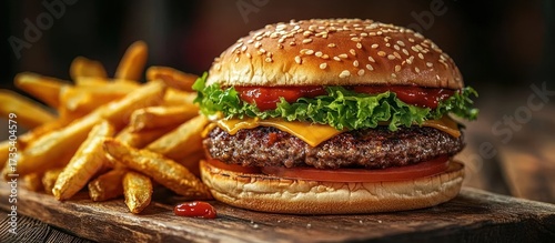 Wallpaper Mural Close-up of a juicy cheeseburger with lettuce, tomato, melted cheese, ketchup, sesame seed bun, served with golden crispy French fries on a wooden surface Torontodigital.ca