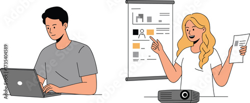 Office presentation scene, woman pointing at board, man using laptop, business meeting, professional training, visual communication, teamwork, educational setup  workplace collaboration
