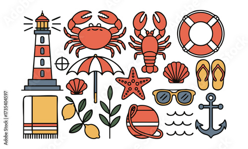 Coastal Summer Icons Set Crab, Lifebuoy, Mediterranean summer vacation illustration set, seafood, lobster, shrimp, olive, shell, cocktail. Coastal collection for card, prints, easily editable.