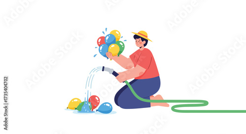 Illustrative scene capturing the joyous act of filling water balloons in preparation for summer fun and playful water games or activities