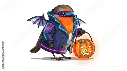 Bird Halloween: A quirky digitally crafted illustration featuring a dressed up bird, holding a pumpkin candy basket, capturing the essence of Halloween and playful charm.