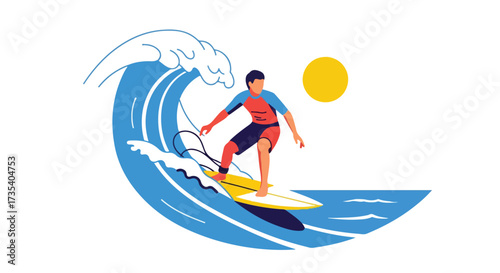 Stylized illustration of a surfer riding a wave beneath a radiant sun on a sunny day illustrating a seaside scene