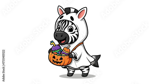 Halloween Zebra Character: A charming zebra character dressed in a playful Halloween costume, holding a pumpkin basket overflowing with treats, radiating the fun spirit of the season.