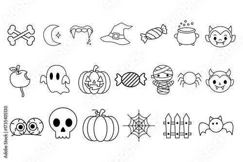 Cute, funny Halloween animal icons set, a seamless vector pattern drawing of happy cartoon dog and cat faces