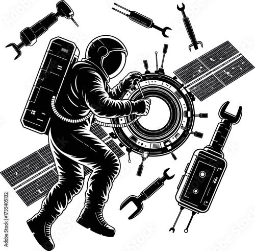 Astronaut performs crucial repairs on a complex satellite in the vacuum of space utilizing specialized tools and equipment essential for maintaining orbital functionality