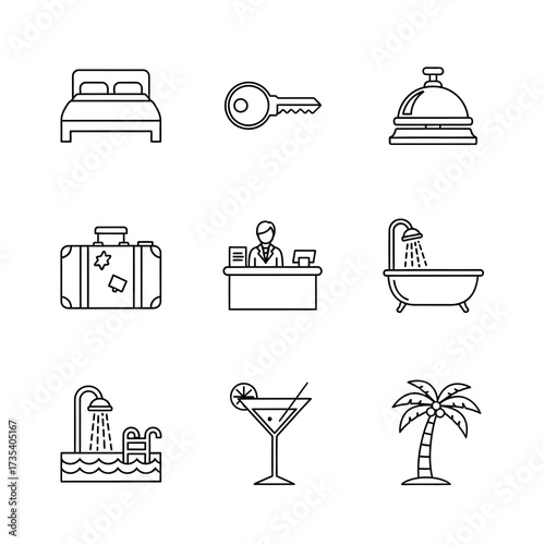 Hotel and Travel Icons Bed Key Bell Luggage Reception Bathtub Pool Cocktail Palm Tree.