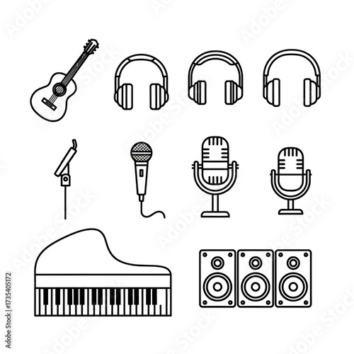 Musical instrument icons guitar headphones microphones piano and speakers in outline style.