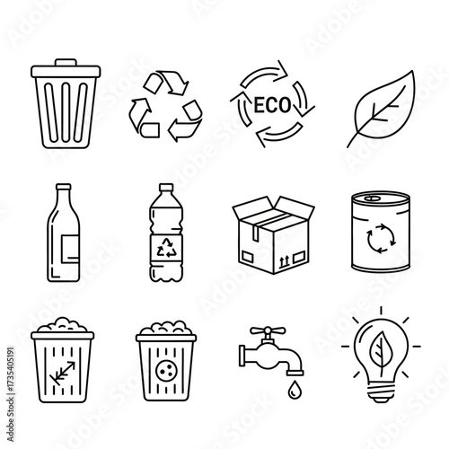 Recycling and Sustainability Icons Trash Can Bottle Leaf and More in Outline Style.