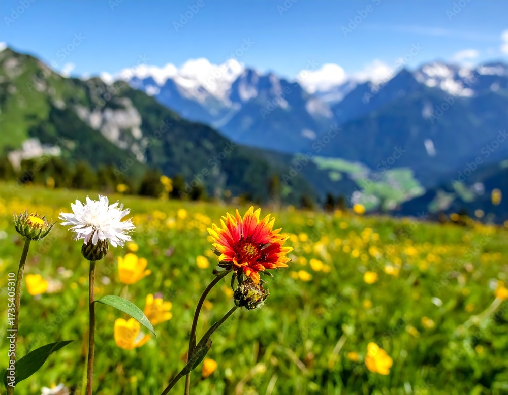 Obraz premium Alpine Meadow Flowers and Mountains.