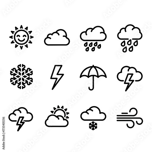 Weather Forecast Icons Sun Cloud Rain Snowflake Lightning Umbrella Wind.