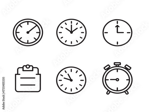Time check vector icons showing six creative minimalist stock line art designs