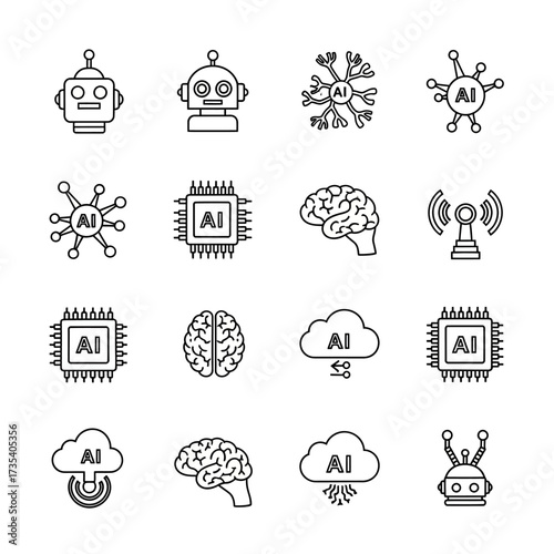 AI Technology Icons Robots Brains Chips Clouds and Networks in Outline Style.