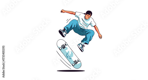 Dynamic illustration of a skateboarder executing a mid-air trick with energy and skill offering a sense of modern urban culture