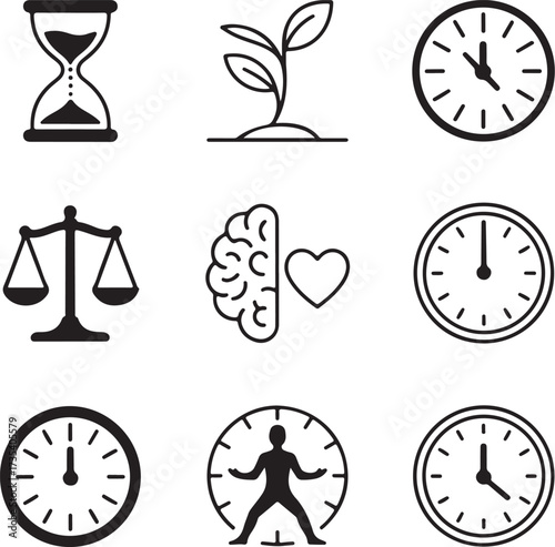 Nine Icons Representing Work Life Balance Concepts with Transparent Background symbols harmony