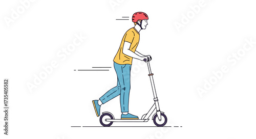 Illustration showcasing a young man riding a kick scooter while wearing a helmet, against a clean backdrop suitable for educational purposes