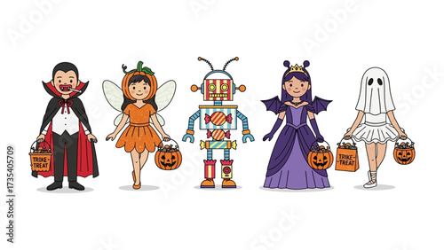 Halloween Characters in Costume: Five children in colorful costumes get ready to celebrate Halloween, each bearing a traditional trick-or-treat bucket, evoking the fun spirit of the holiday.