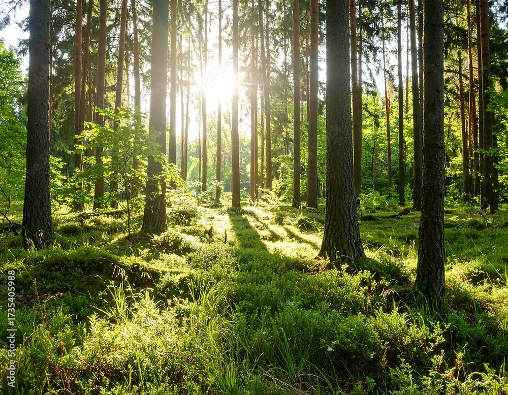 Obraz premium Sunlight streams through a dense forest (13)