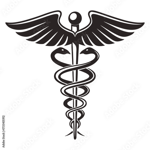 Vector Graphic of a Black Caduceus Symbol with Wings and Snakes on White Background Keywords: caduceus, symbol, medical, health, healthcare, medicine, doctor, nurse, hospital, clinic, pharmacy