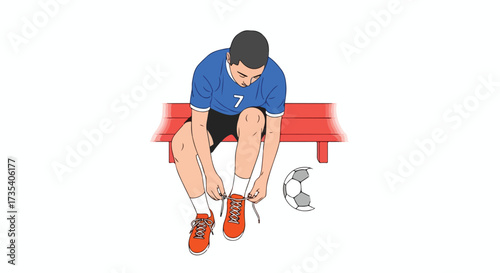 Animated illustration depicting a soccer player sitting on a bench tying his shoelaces before a match preparation  for a soccer game