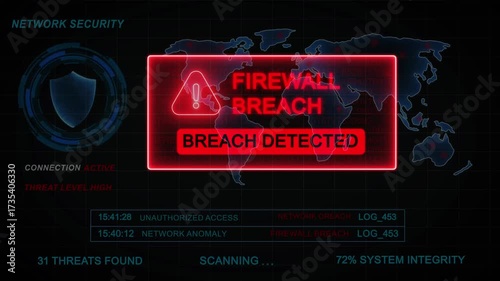 Global network security alert firewall breach detected high threat level active connection scanning for cyber threats system integrity compromised digital data breach warning